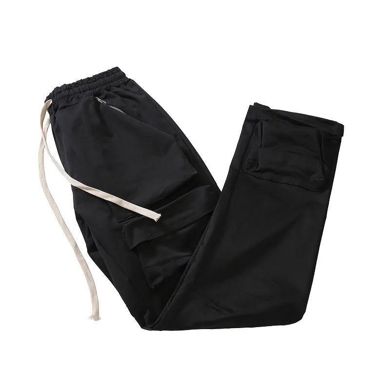Men's cargo trousers in khaki or black, straight leg, mid-waist, drawstring ankle, cotton blend.