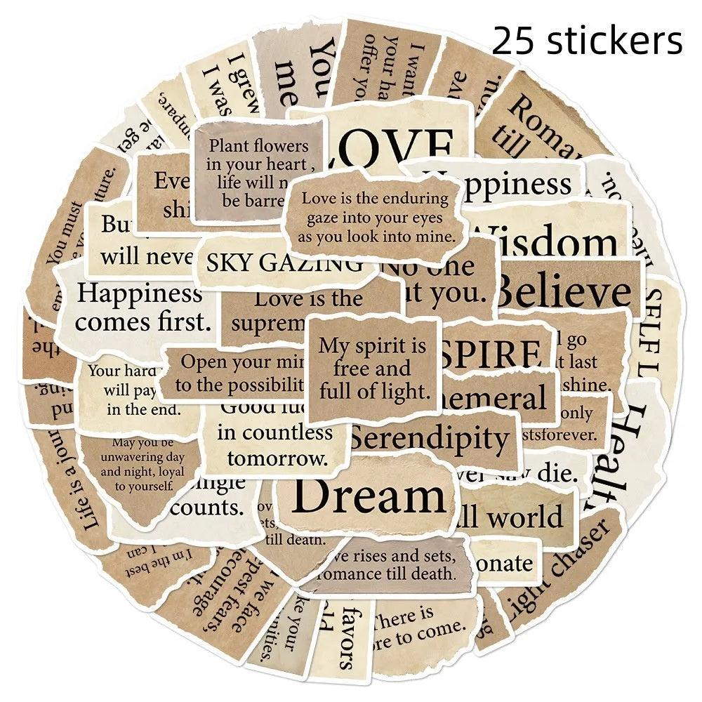 Pack of 25 Tear English design TT284 waterproof PVC adhesive stickers in matte and glossy finish.