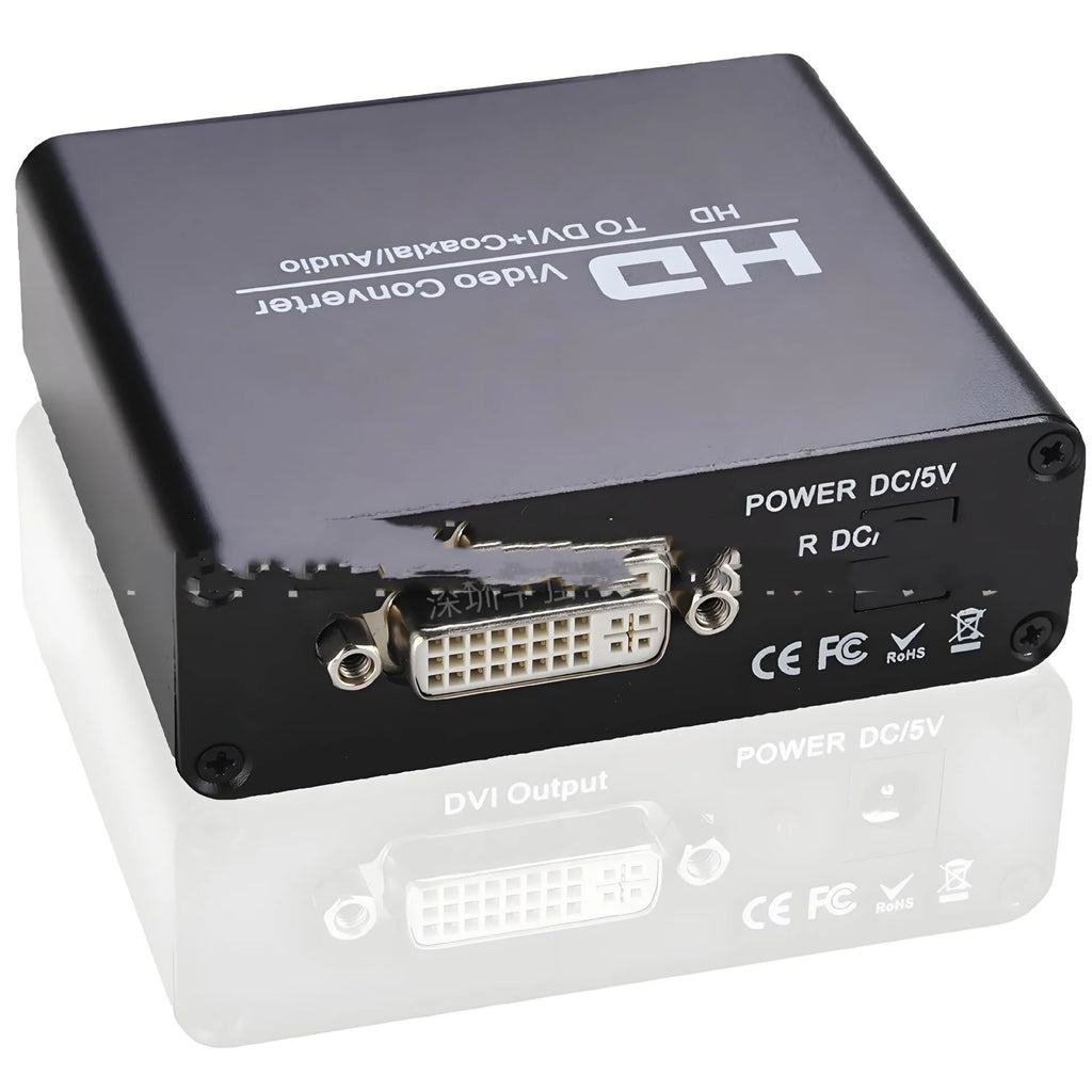 Black HDMI to DVI video converter unit with coaxial audio port, power supply, and a 1.5 metre cable.