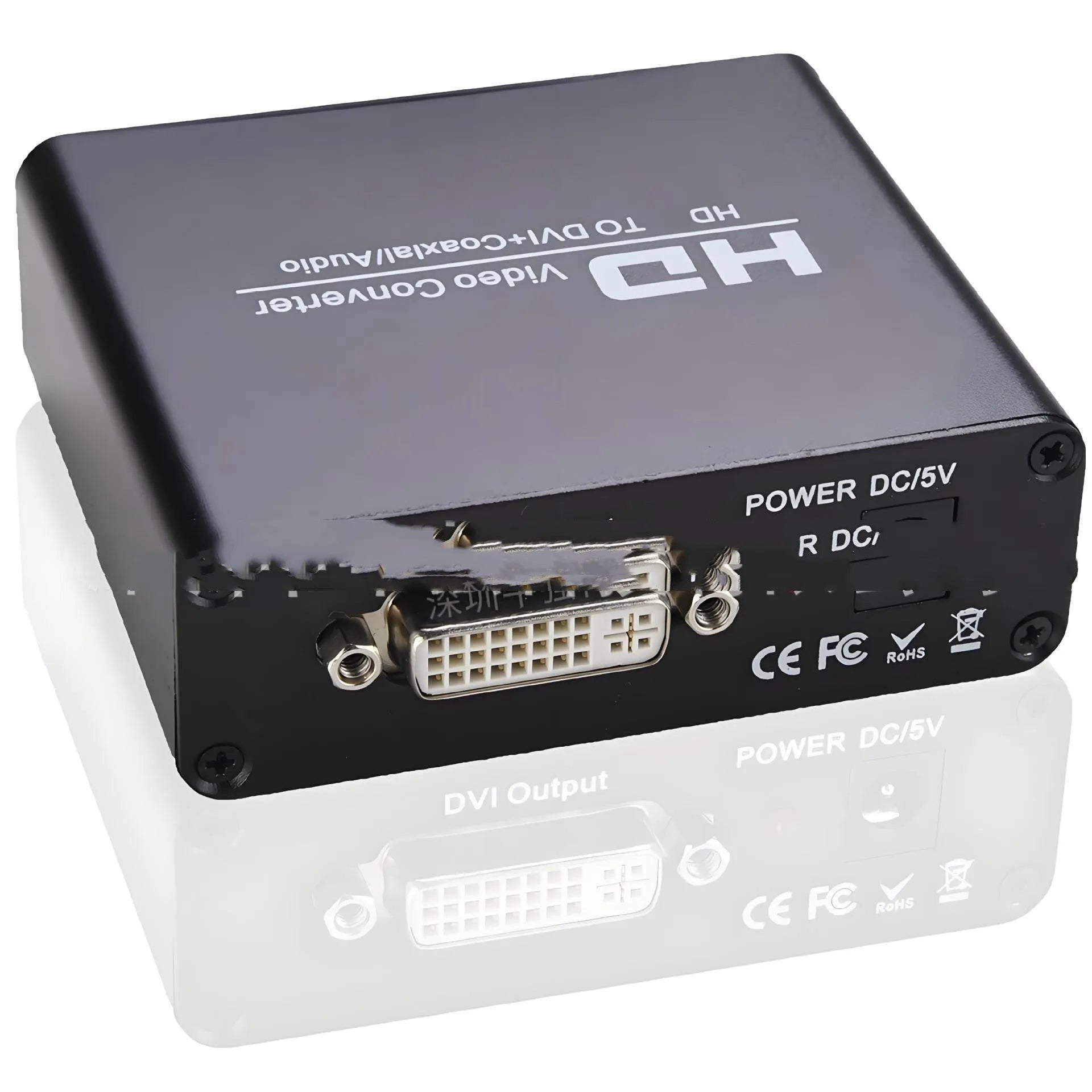 Black HDMI to DVI video converter unit with coaxial audio port, power supply, and a 1.5 metre cable.
