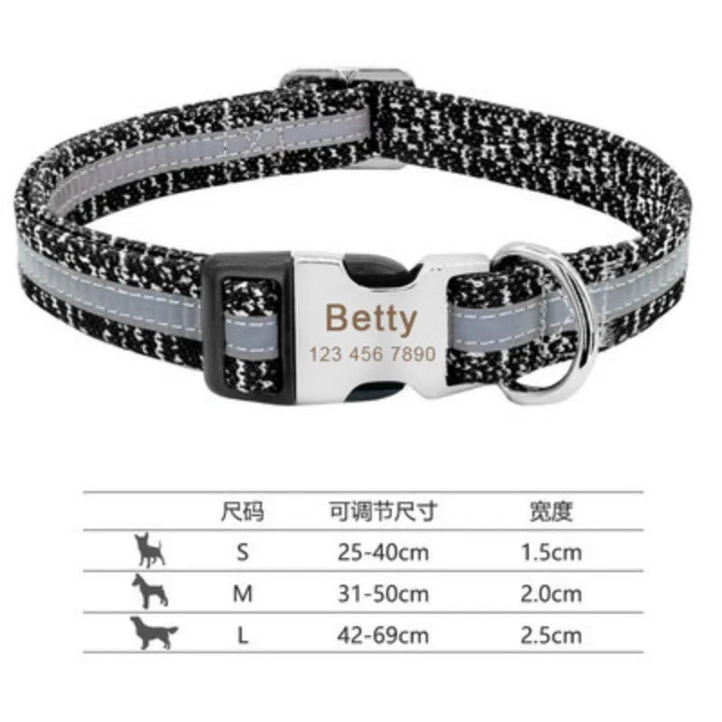 Adjustable dog collar shown in black, green, or rose red, available in S, M, and L sizes.