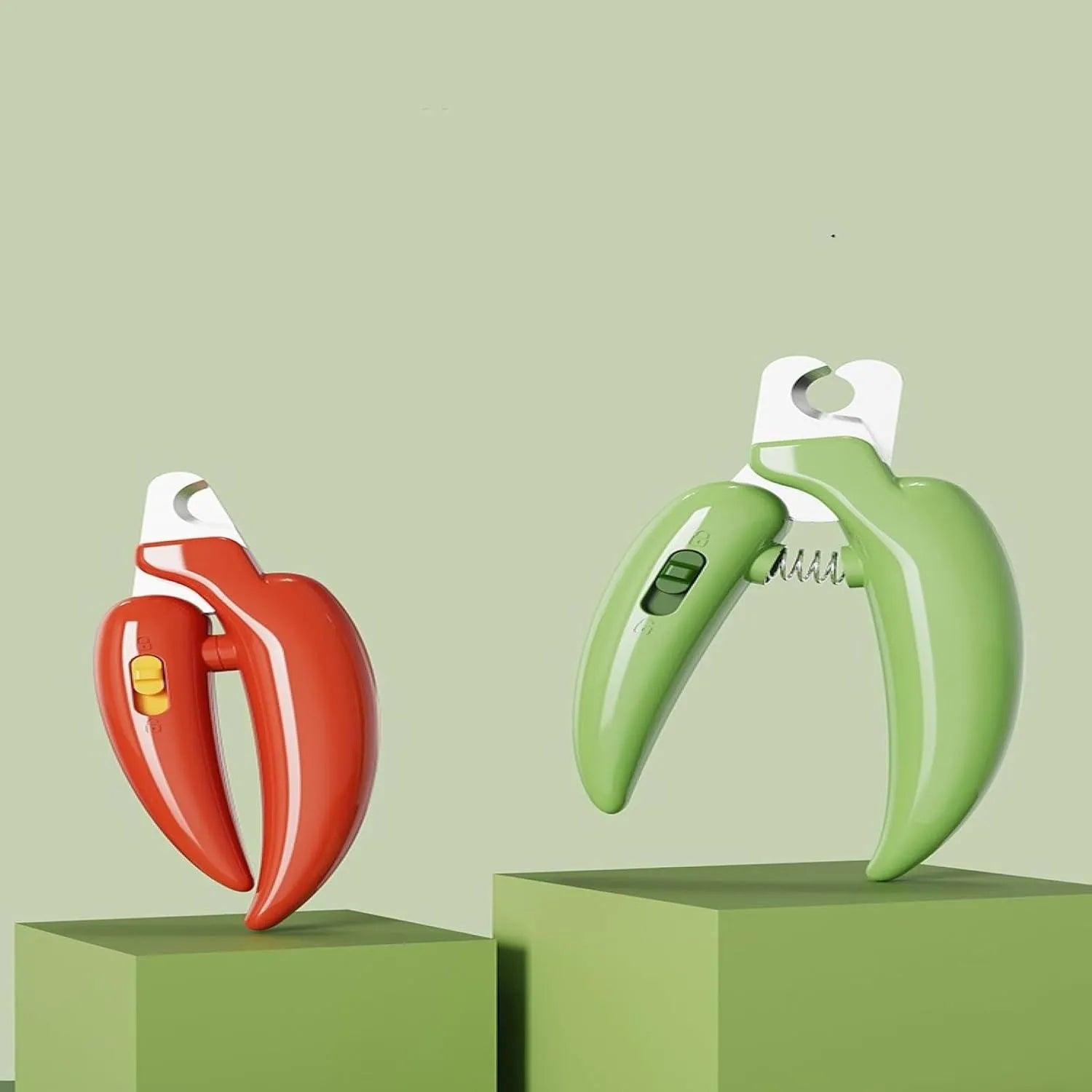 Pet nail clippers with stainless steel blades, anti-splash baffle, and ergonomic handle in green