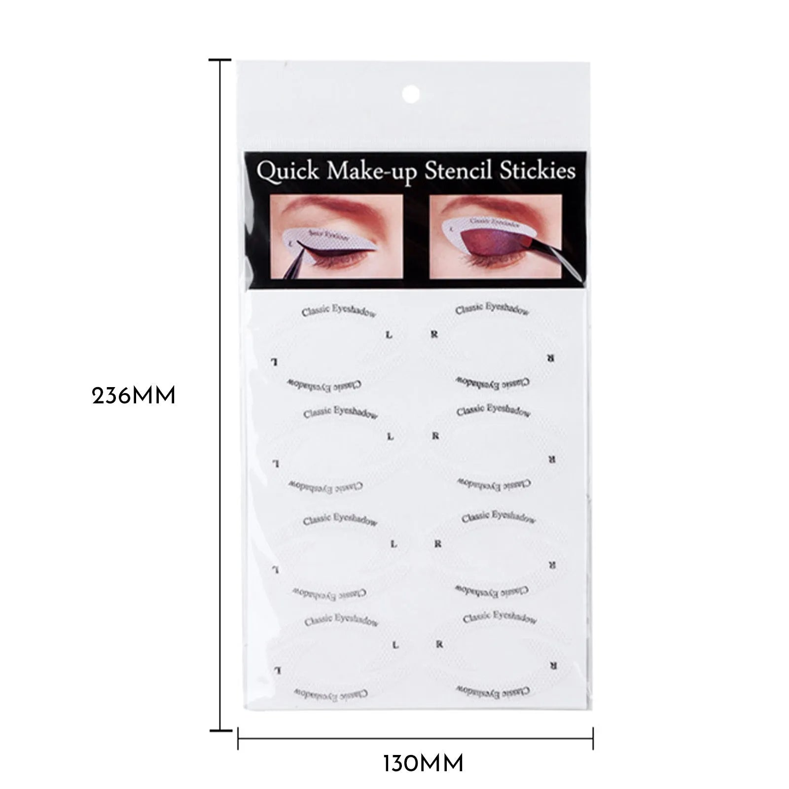 Set of four reusable, flexible plastic eyeliner and eyeshadow makeup stencils on a pink background