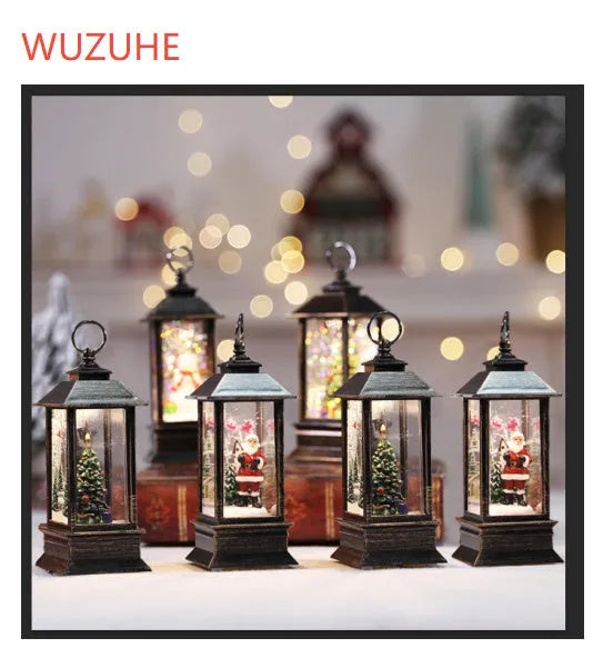 Christmas simulation LED flame small oil lamp in plastic square wind-lamp design with old man and tree figures