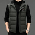 Men's high-waist down jacket vest in black, side view on hanger