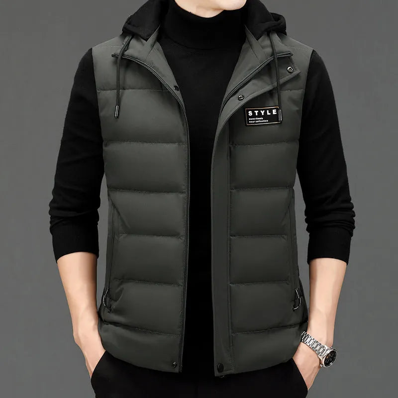 Men's high-waist down jacket vest in black, side view on hanger