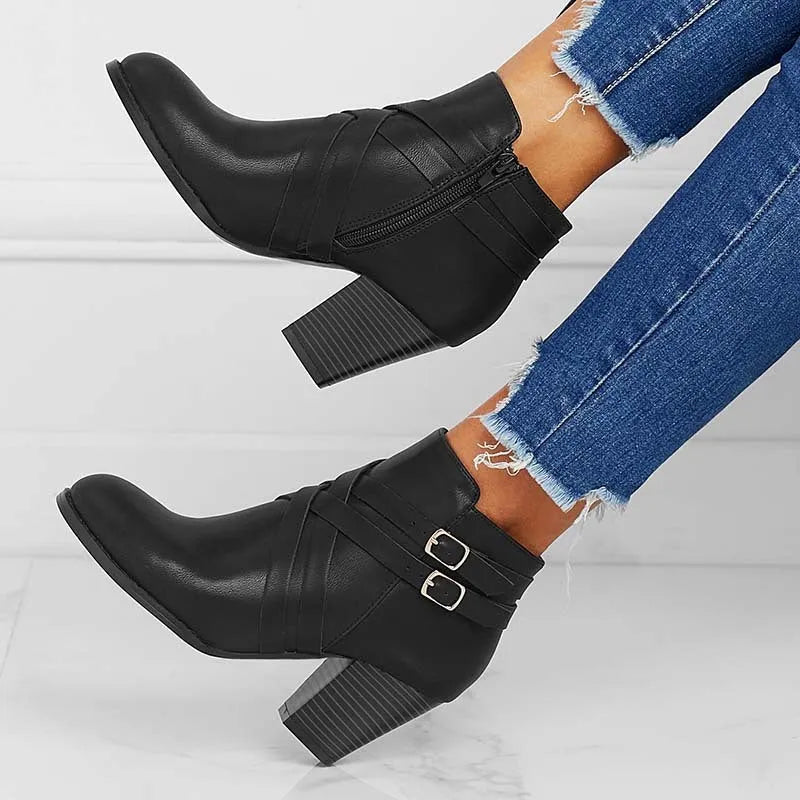 Grey PU leather short ankle boots with a side zipper, buckle strap, and a chunky 7cm heel.