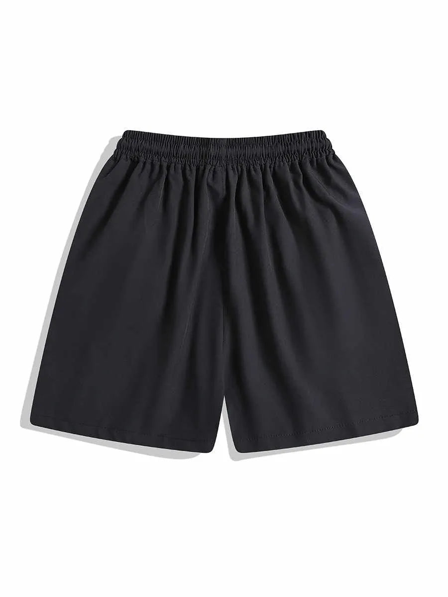 Black quick-drying sports shorts with elastic waistband and loose straight-leg design