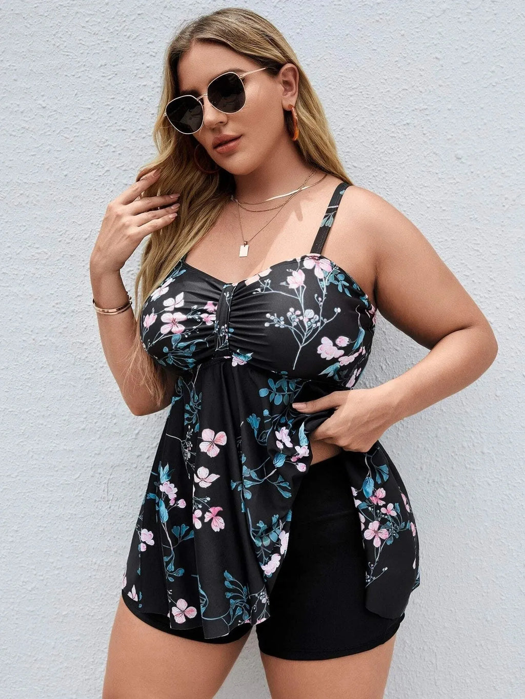 Women's floral printed one-piece swimsuit with split colour design in plus sizes
