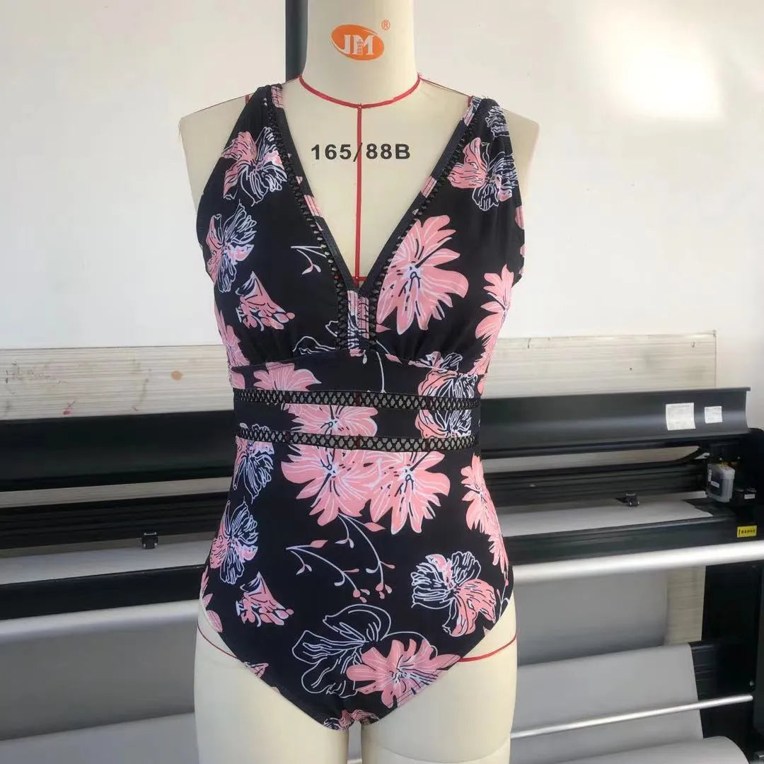 Black printed plus size women's bikini swimwear in polyester mesh fabric with stitching detail