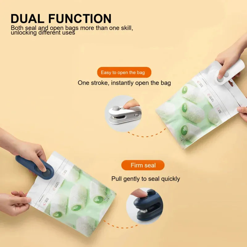 Blue and white handheld USB rechargeable heat sealer with built-in cutter for sealing food bags.