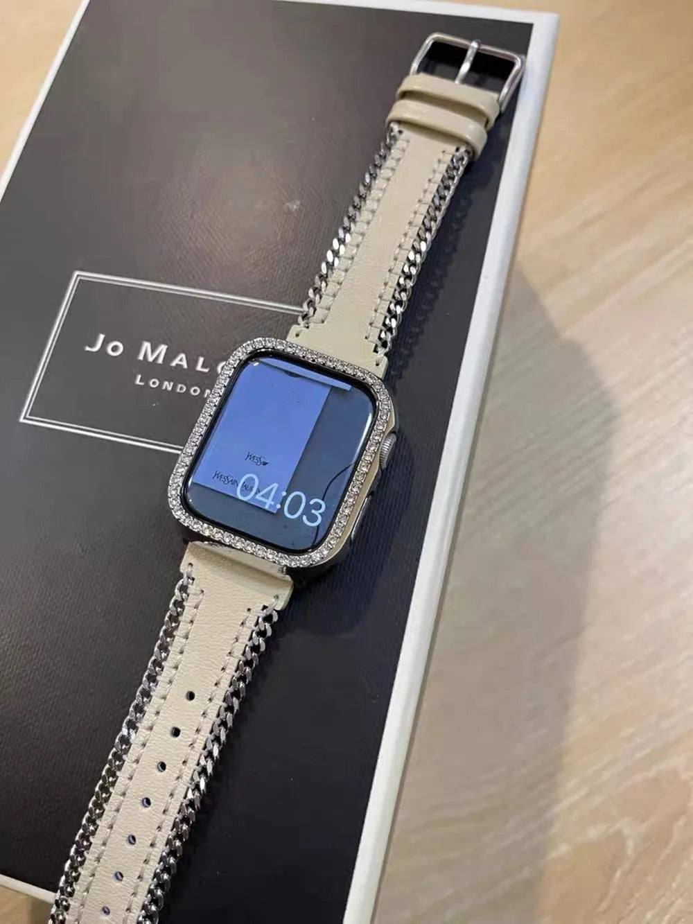 Leather side chain watch strap for Apple iWatch, black colour, fits sizes 38mm to 49mm
