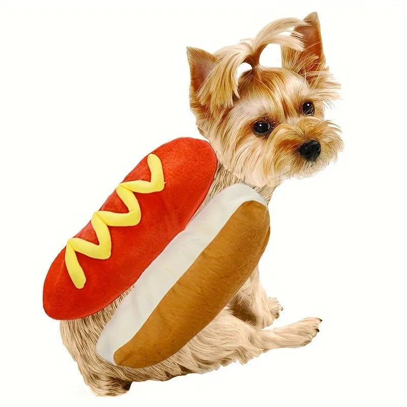 Red hot dog costume outfit on small dog with velcro belly fastening