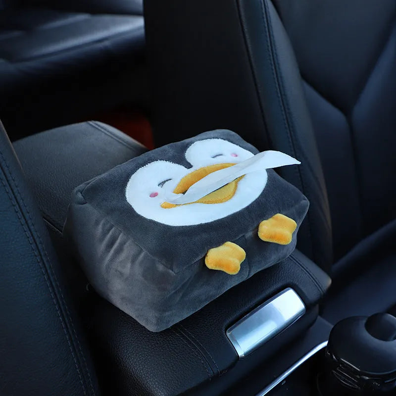 Hanging plush cartoon tissue box with elastic strap for car armrest or office chair mounting