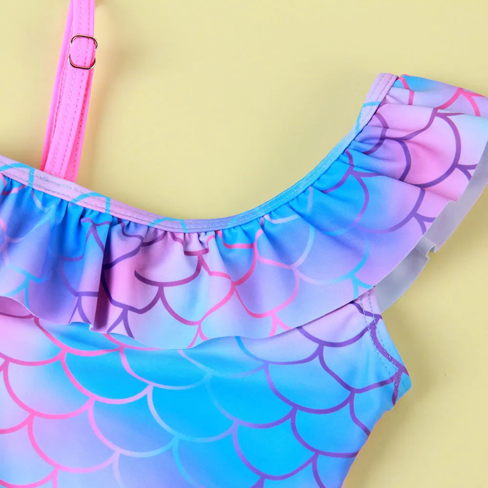 Girls' scale printed flounced gradient one-piece nylon swimsuit in Pattern 3, sizes 90-130