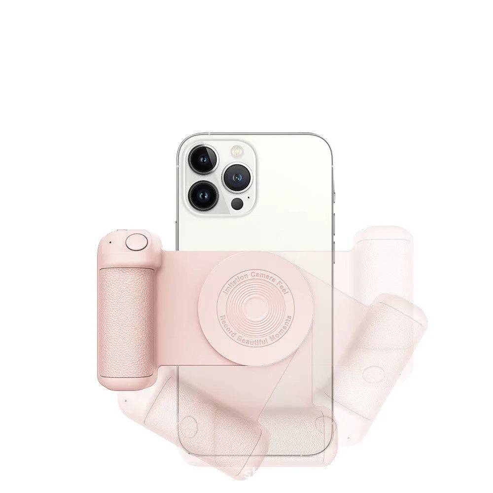 Black magnetic camera grip phone holder with rotatable bracket on wooden table