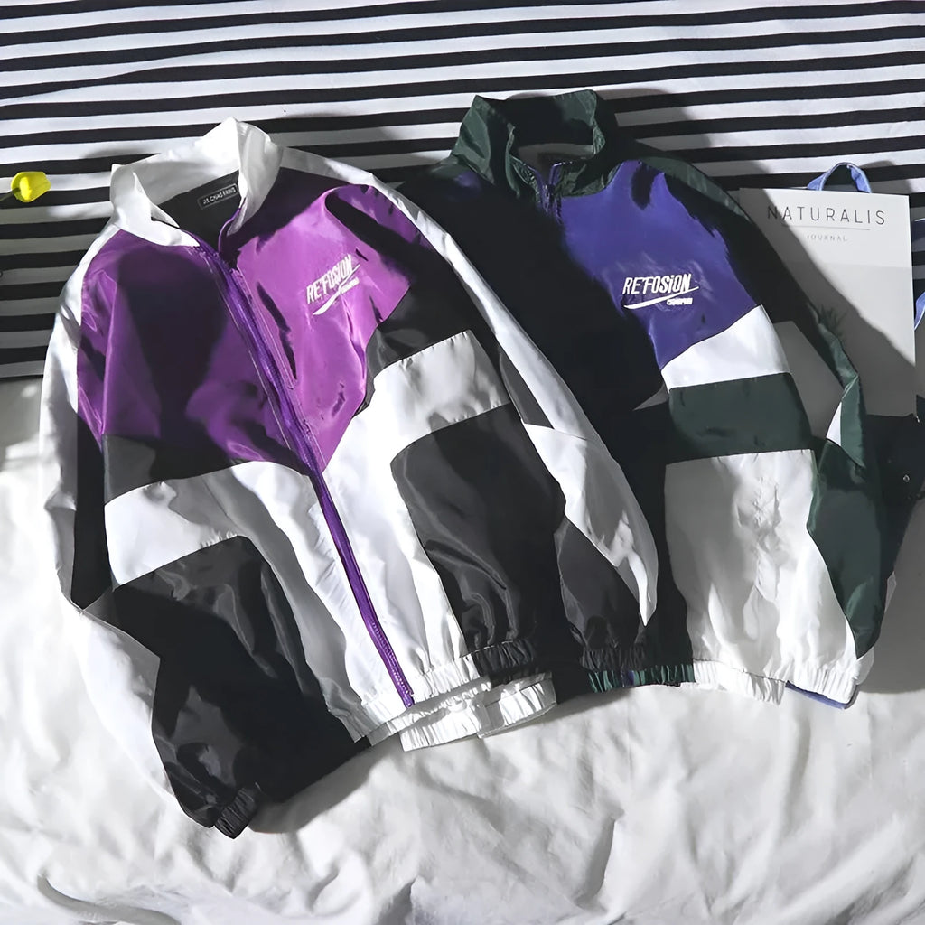 Men's green hip hop autumn jacket with cotton blend fabric, loose fit, and side seam pockets on a model