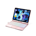 Black 360-degree rotating Bluetooth keyboard with backlit keys next to an iPad tablet.