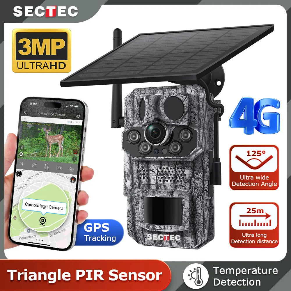 4G solar hunting camera with GPS positioning, 15m infrared night vision, and IP65 waterproof ABS/PC body