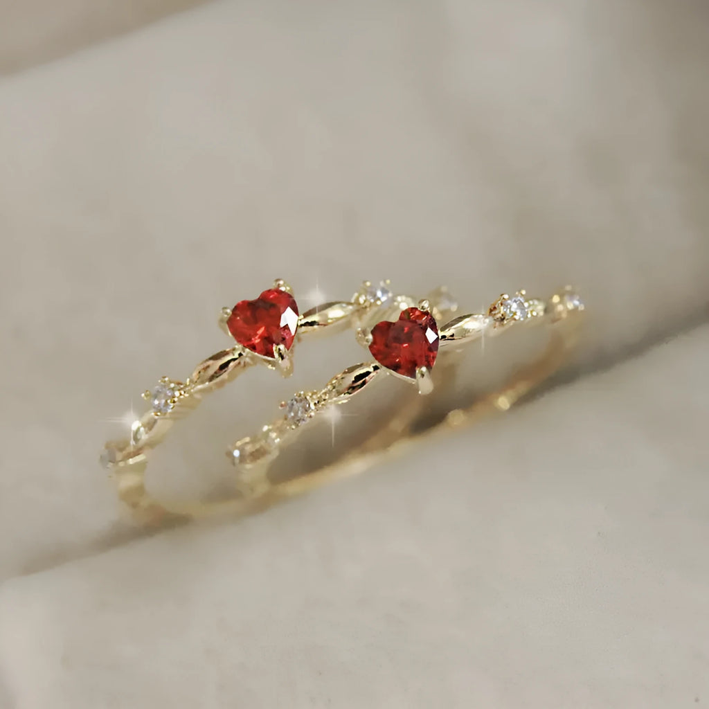 Gold or silver electroplated copper ring with peach heart charm and zircon detailing, sizes 6 to 10