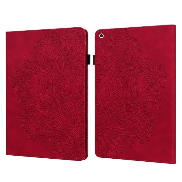 Flat holster card holder tablet case in imitation leather, pink colour, open front view showing card slots