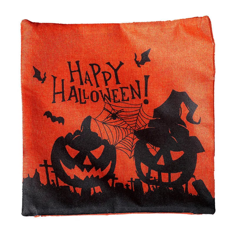 Square Halloween throw pillowcase 43x43cm in four styles: Castle, Ghost, Pumpkin, Witch on a couch