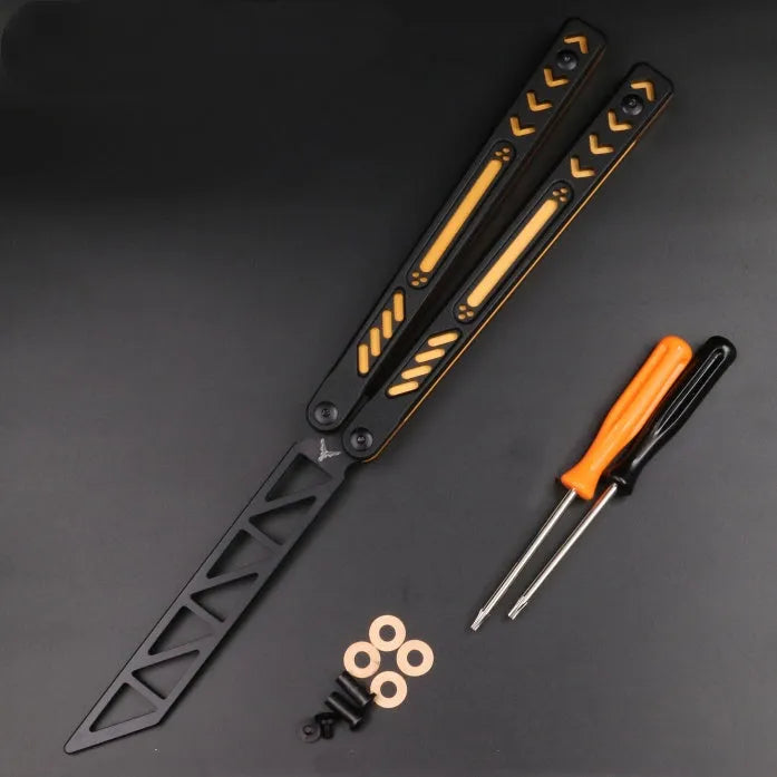 Unbladed aluminium handle butterfly knife trainer with G10 grip patches, shown in expanded 25.5cm position.