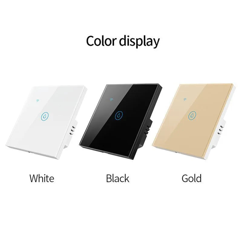 White smart water heater switch with touch panel, 4000W rating, EU standard 86x86x35mm size