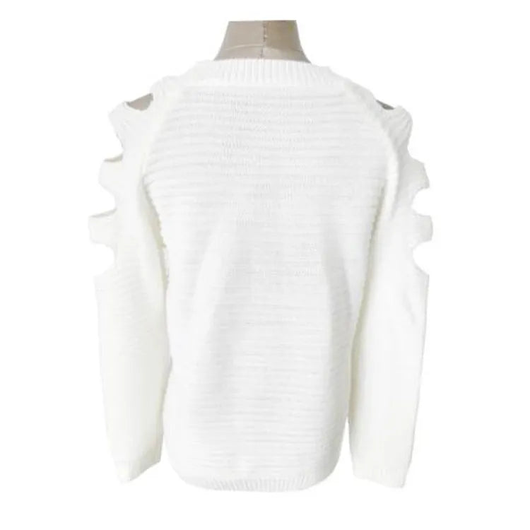 Grey women's long-sleeved knit shirt with round neck and hollow-out crochet pattern detail.