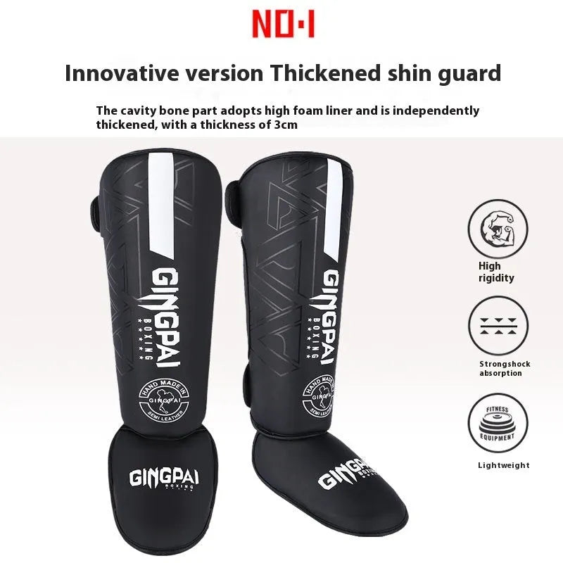 Sanda free fight shin guard and ankle support in PU, leggings style, sizes S M L, black and red colourway