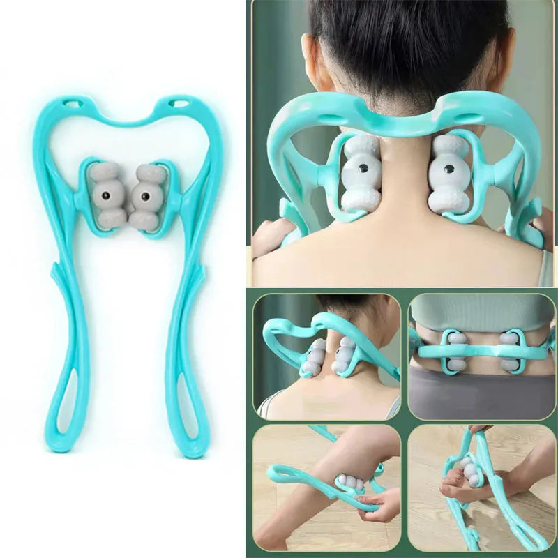 Blue handheld neck massager roller with 96 pressure points showing ergonomic curved design.