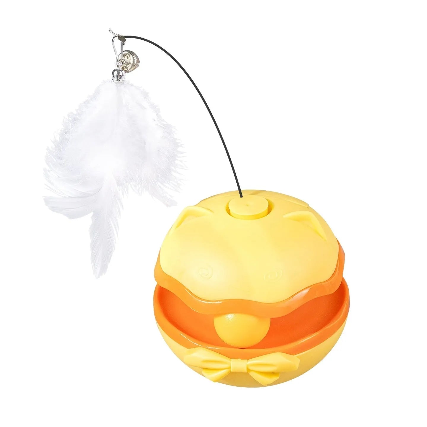 Electric cat toy tumbler in soft fog grey, showing self-righting design on a wooden floor.