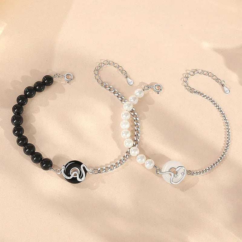 925 sterling silver bracelet with snake zodiac motif, obsidian pearl, and safe buckle in New Chinese style