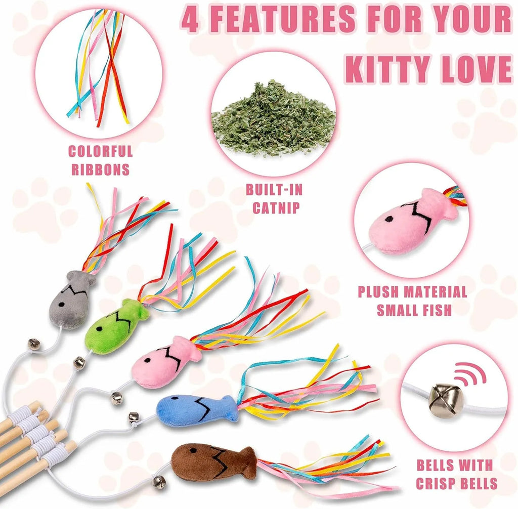 Colourful cat wand toy with ribbons, catnip fish, and bell on a wooden handle for indoor cats