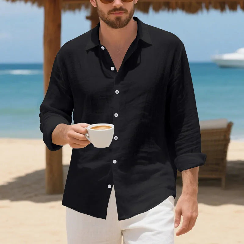 Man wearing a loose-fit light blue linen casual shirt with button-down front, showcasing its relaxed American style.