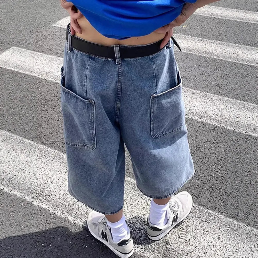 Men's blue washed denim shorts with high waist and cropped straight leg design