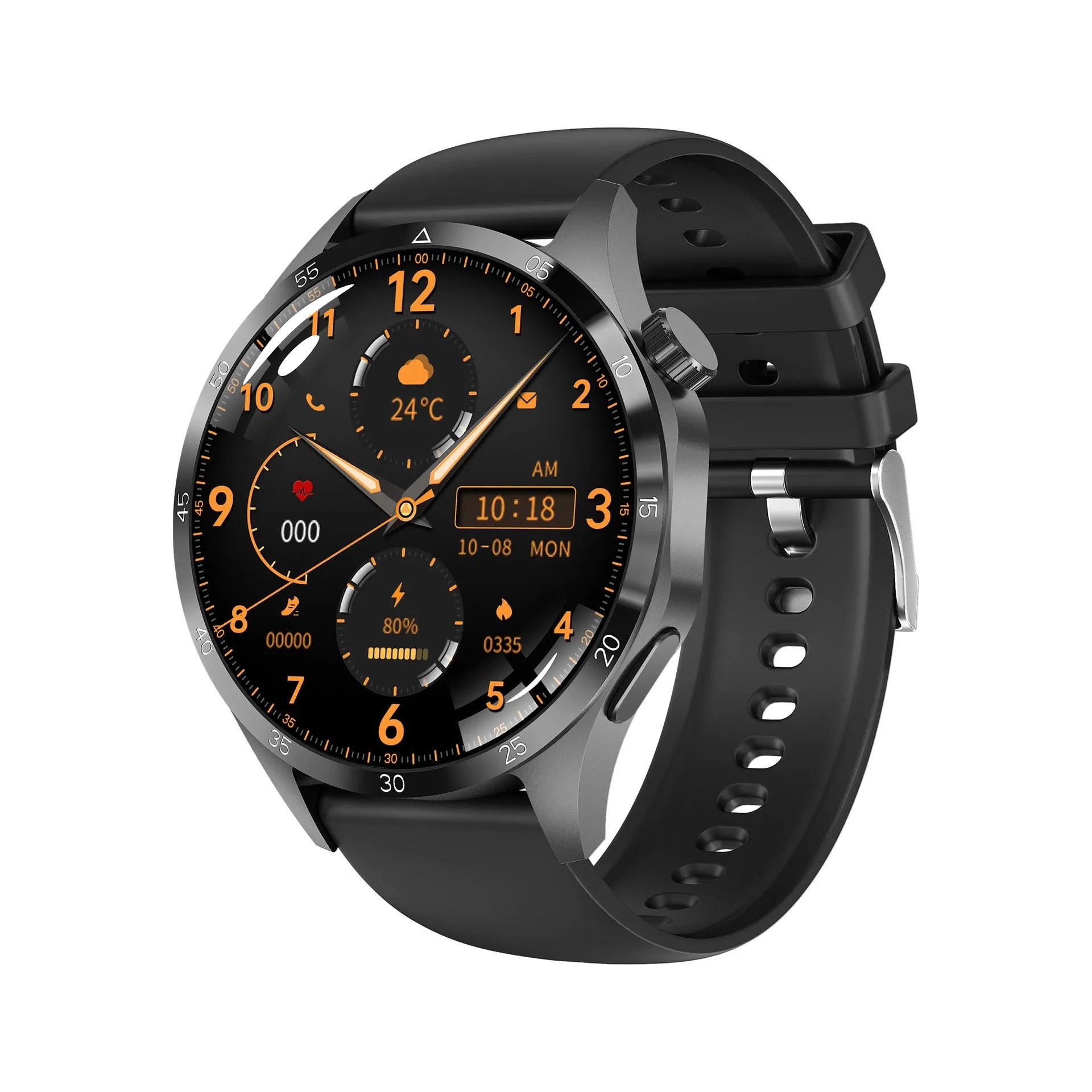 Black Bluetooth smartwatch with TFT touch screen shown with both silicone and Milan net strap options.