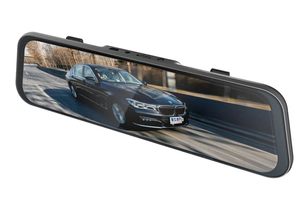 Black rearview mirror dash cam with 10-inch touch screen display, shown with car charger and mounting bracket.