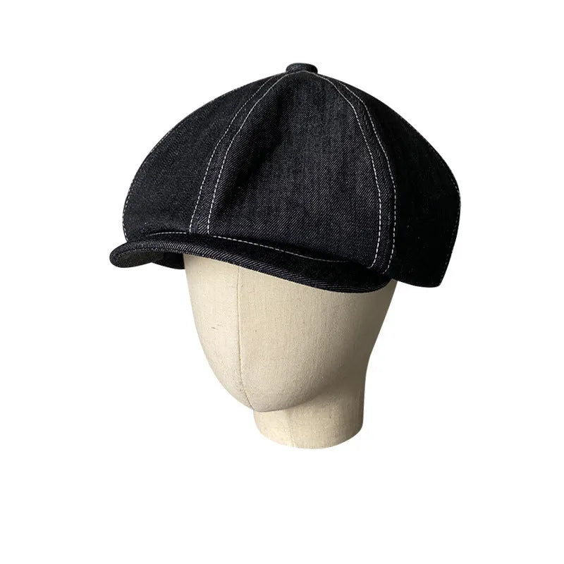 Black cotton beret hat with octagonal shape and Japanese Denim fabric construction