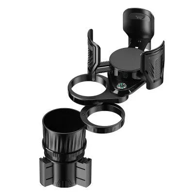 Black adjustable car cup holder with retractable base on a grey background.
