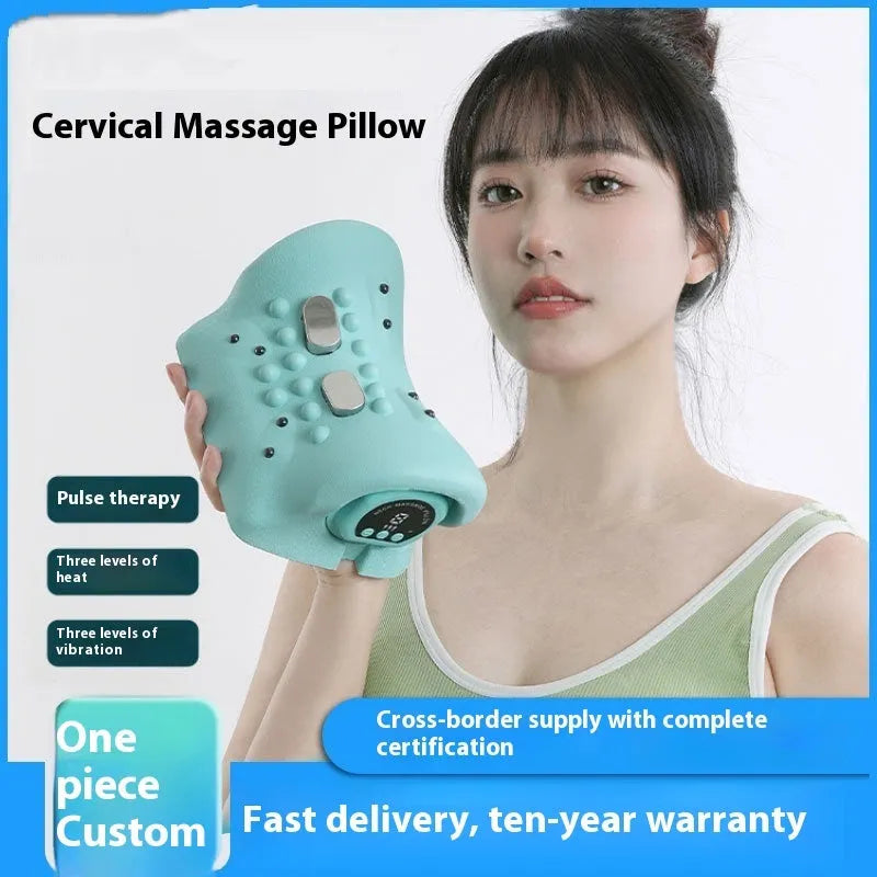 Blue-green portable cervical spine massage pillow showing EMS, heat, and vibration functions
