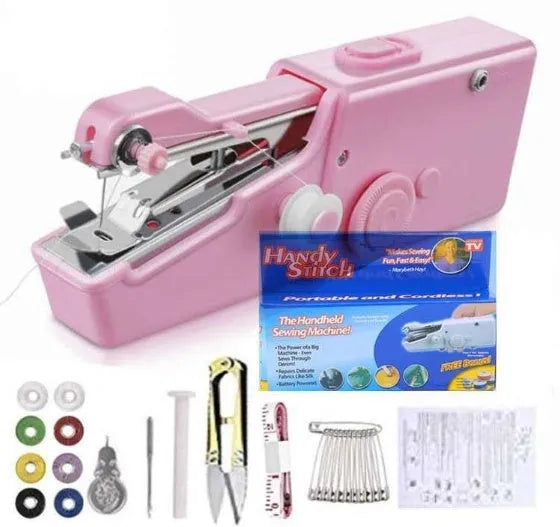 Handheld mini sewing machine set with thread spools, scissors, ruler, and clips in multiple colours