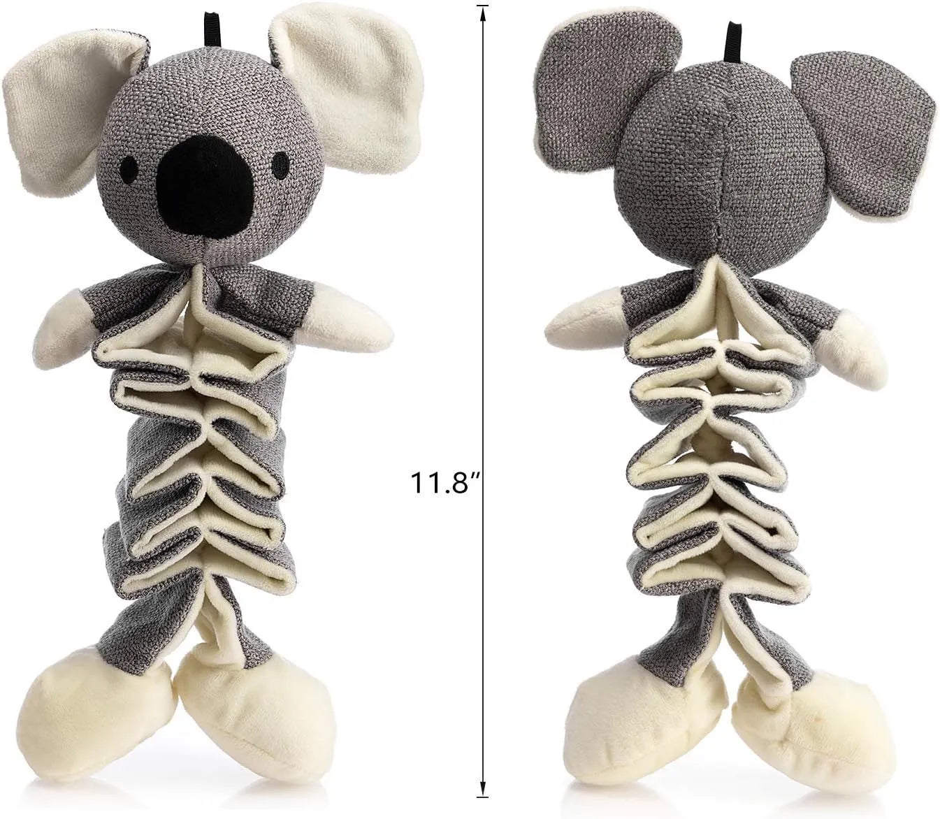 Hollypet grey koala stuffed dog squeaky toy with crinkle paper, 30cm long.