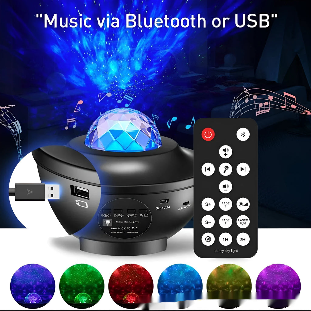 Black parallel style desktop atmosphere lamp projecting starry sky and water ripple laser effects.