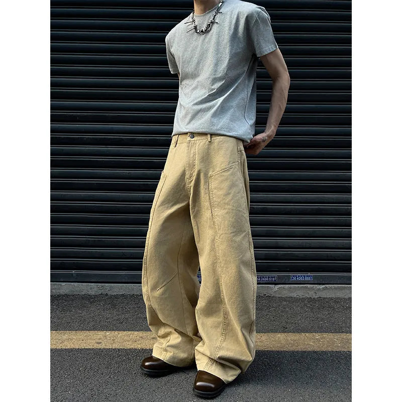 Khaki coloured men's straight leg cotton trousers on a white background