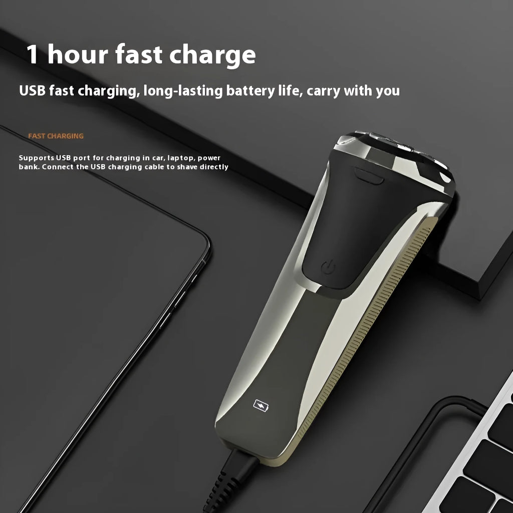 Floating 4D three cutter head rechargeable electric shaver with digital display in gun colour on white background