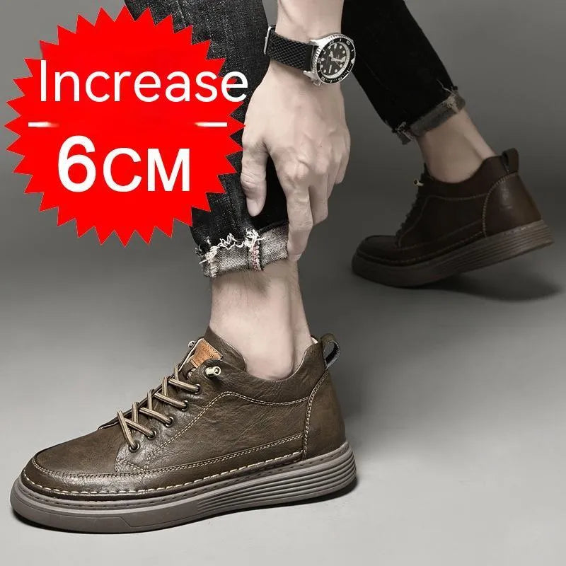 Men's round toe elevator shoes in black with 6cm hidden height increase, two-layer cowhide upper and rubber sole
