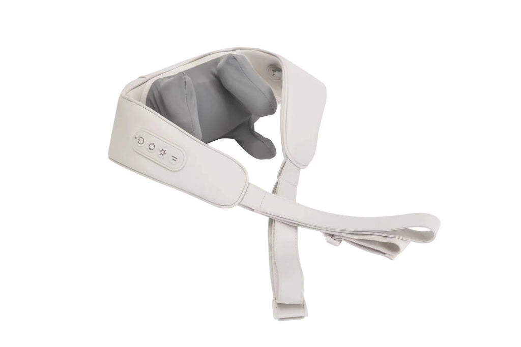 Household electric clip neck massager in beige with shawl design on person, rechargeable with PU leather