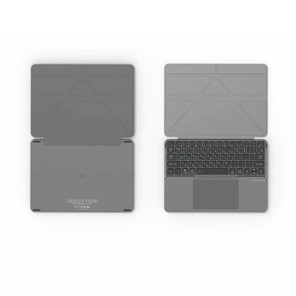 Grey wireless Bluetooth folding keyboard for mobile phones and tablets.