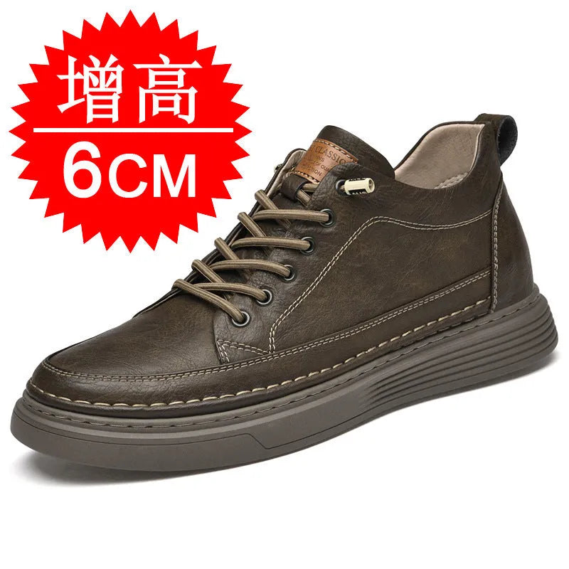 Men's round toe elevator shoes in black with 6cm hidden height increase, two-layer cowhide upper and rubber sole